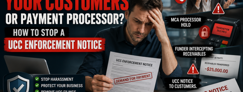 Business owner reviewing a UCC enforcement notice after a merchant cash advance company contacted customers and froze payment processor receivables.