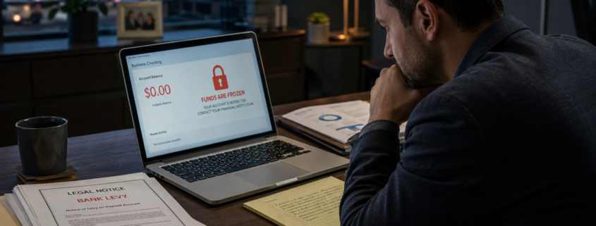Business owner reviewing a frozen business bank account after a merchant cash advance bank levy