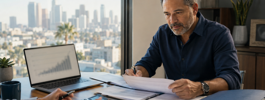 Los Angeles business owner reviewing merchant cash advance debt and payment options with a financial advisor